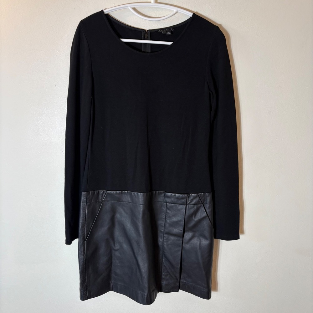 Theory Bowmont Black Long Sleeve Leather Panel‎ Dress Size 6